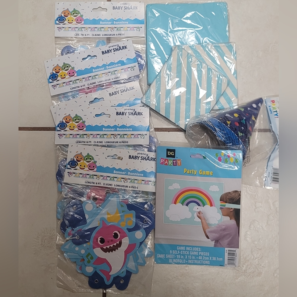 Baby Shark Party items and Blue napkins